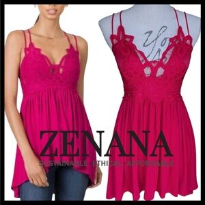 Zenana Cherry Red Lace Bodice Elasticized Back Hi-Lo Tunic Top (M/L)